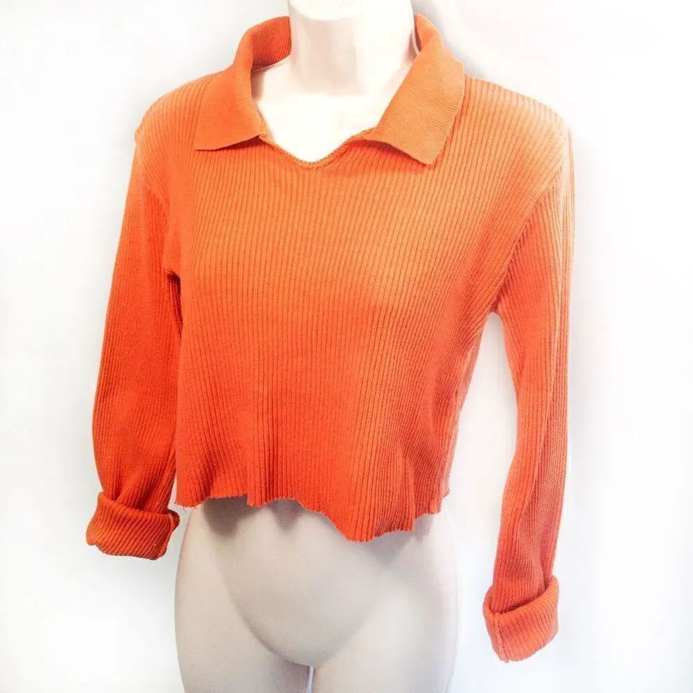 Reworked Y2K Vintage Orange Collared Crop Top Sz M